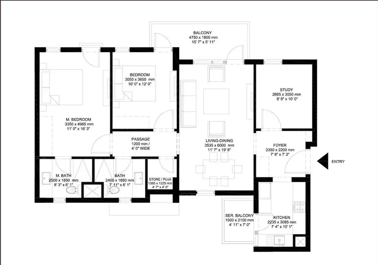 2 BHK + Study